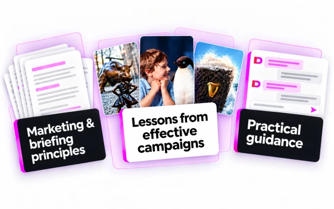 Three cards: marketing and briefing principles, lessons from effective campaigns, and practical guidance.
