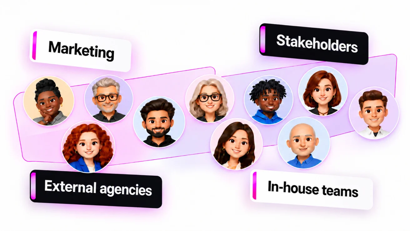 Colleagues and agency partners, shown as avatars labelled Marketing, Stakeholders, External agencies and In-house teams, all connected around one brief.