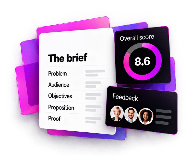 A brief covering problem, audience, objectives, proposition and proof, with an overall score of 8.6 and feedback from three reviewers.