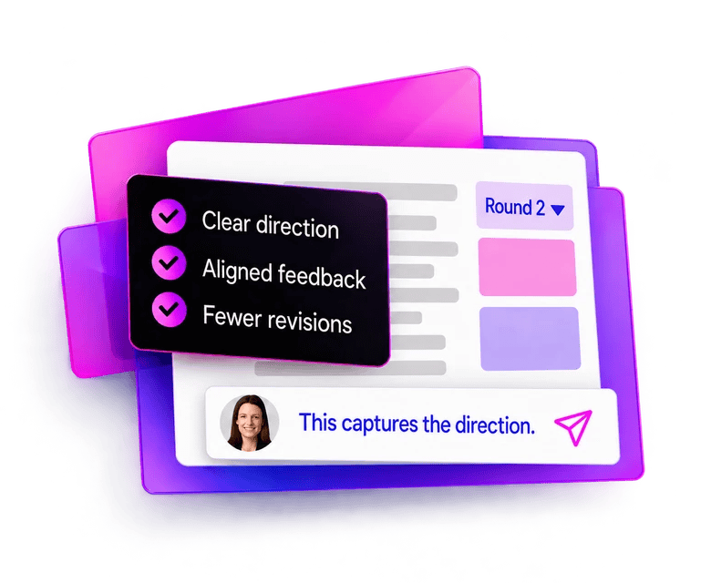Clear direction, aligned feedback and fewer revisions, with a Round 2 selector and a comment reading “This captures the direction.”.